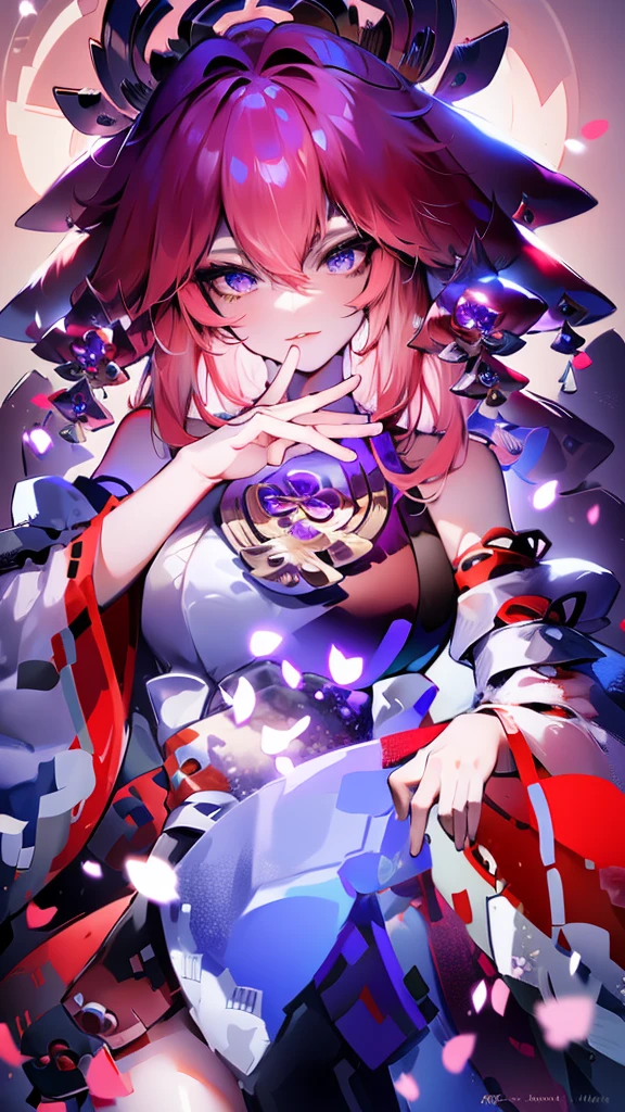 a beautiful detailed anime girl, yae miko, long silver hair, elegant purple kimono, exquisite facial features, mesmerizing eyes, graceful pose, magical glowing fox spirits, vibrant colors, cinematic lighting, digital painting, concept art style, 8k, highest quality, extremely detailed, photorealistic