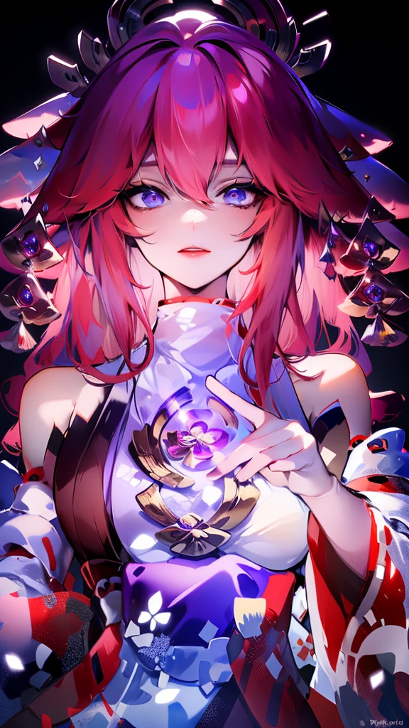 a beautiful detailed anime girl, yae miko, long silver hair, elegant purple kimono, exquisite facial features, mesmerizing eyes, graceful pose, magical glowing fox spirits, vibrant colors, cinematic lighting, digital painting, concept art style, 8k, highest quality, extremely detailed, photorealistic
