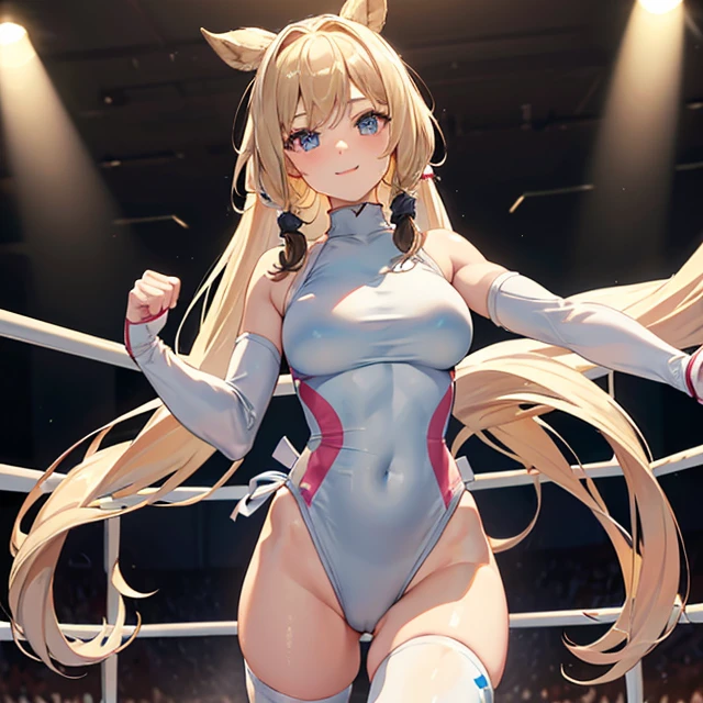 (masterpiece image, very detailed image, best high quality high definition image High very detailed Quality image, Very detailed high quality image), solo character, female wrestling, back view
1girl, absolute beauty, 28 years old, fair pale skin, light blue eyes, cute delicated beauty features, long blonde golden hair tied in two pigtails with pink ribbons and blonde golden hair curly fringe near the nose, big breasts, round butt, beautiful legs, (light pale blue one piece leotard with a white stripe line in the belly, grey spandex shorts under the leotard, grey knee pads, light pale blue wrestling boots, light pale blue arms sleeves, grey elbow pads, ), cheerful friendly smiling, cocky attitude, deep femenine strong voice
Dirty gym and wrestling ring