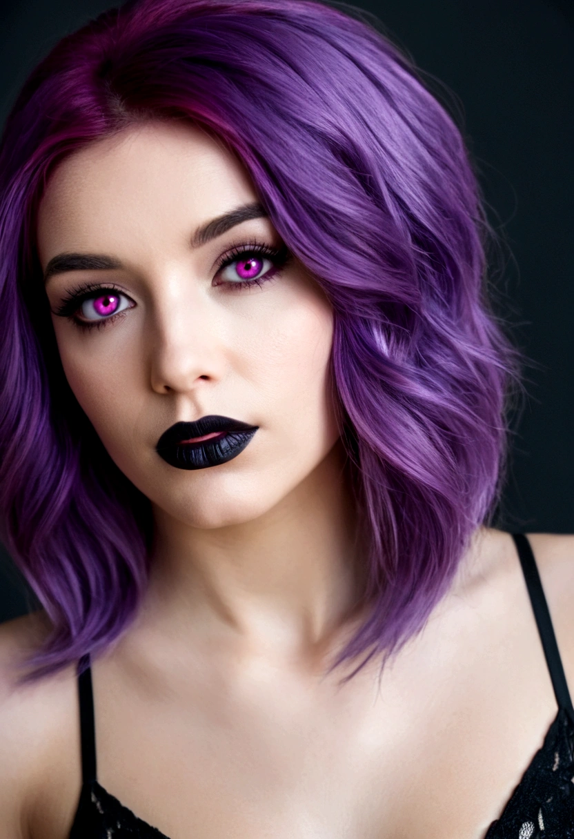 beautiful woman with pink eyes, purple hair and black lipstick