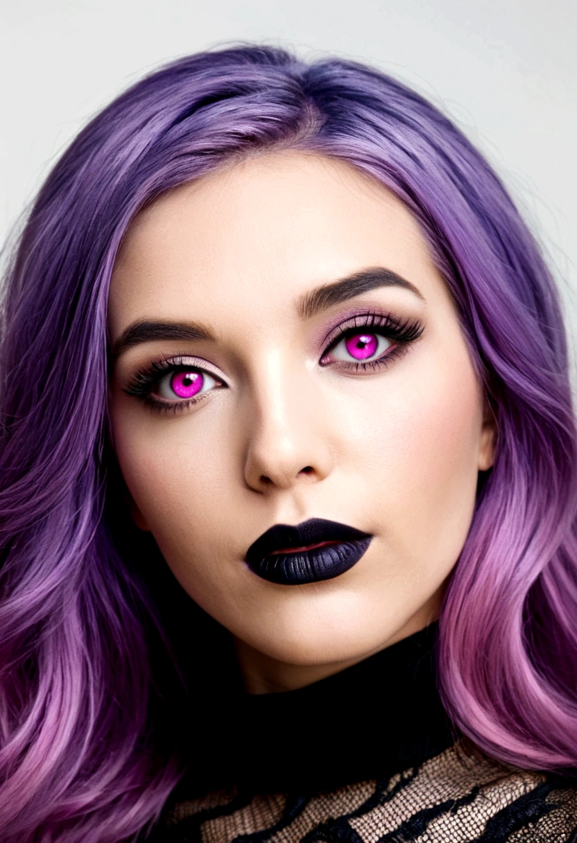 beautiful woman with pink eyes, purple hair and black lipstick 