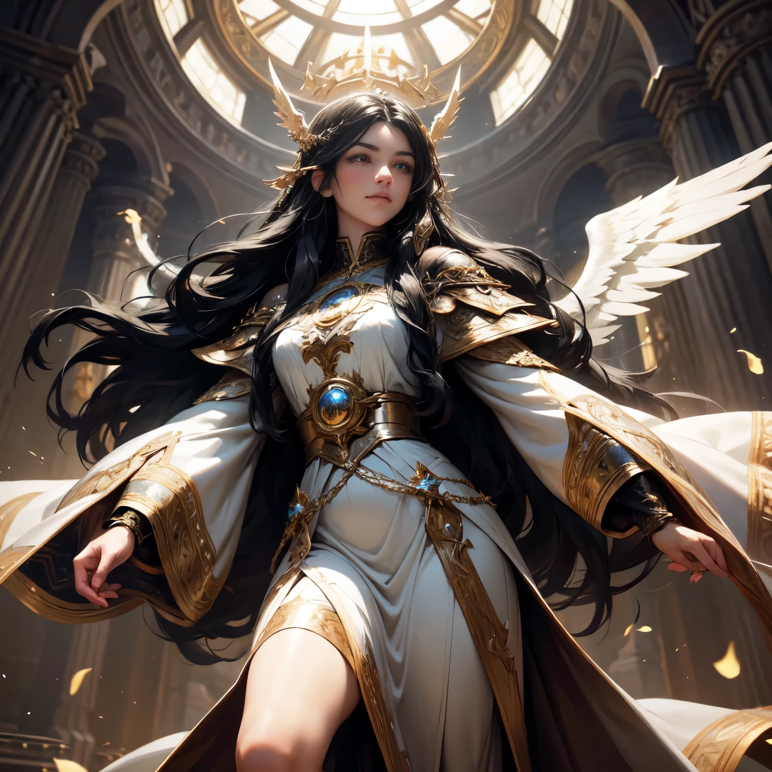 Create an 8K ultra HD digital image of a majestic black-haired Aasimar Druid from the Circle of Dreams, long and smooth, dressed in druidic regalia of royalty, in the castle's royal library. The druid has brown eyes and fair skin. He is dressed in a royal robe of dark green velvet with gold and silver trim., Adorned with magical jewels that glow softly. He wears a golden crown with precious stones, gold bracelets on her wrists and a magical amulet around her neck. In the royal library, the druid wields the Sword of Zeus. The sword is made of celestial gold and emits golden rays, with divine inscriptions along the blade that shine brightly. The hilt of the sword is adorned with small rays and lightning., symbolizing his supreme power. He holds the sword in a pose of wisdom, while electric sparks dance around you. The Sword of Zeus is known for its ability to control thunder and lightning, and an aura of divine power emanates from her. The royal library is filled with tall shelves filled with ancient and rare books. Reading tables with crystal lamps and comfortable armchairs create an environment for study and contemplation. Large windows let in natural light, illuminating the room with a soft glow. The image should capture the wisdom and tranquility of the library, highlighting the druid's interaction with the Sword of Zeus.
