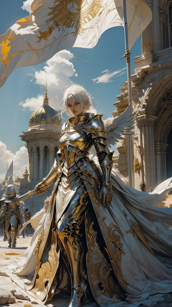A battle angel with the body full of gold in it,white hair,marble skin, betwin clouds at sunrise,great wide wings,glory,flags at wind,golden halo,sunshine rays on background,dark fantasy,medieval,dark souls,elden ring,(blood: 1,5),detailed,realistic,4K