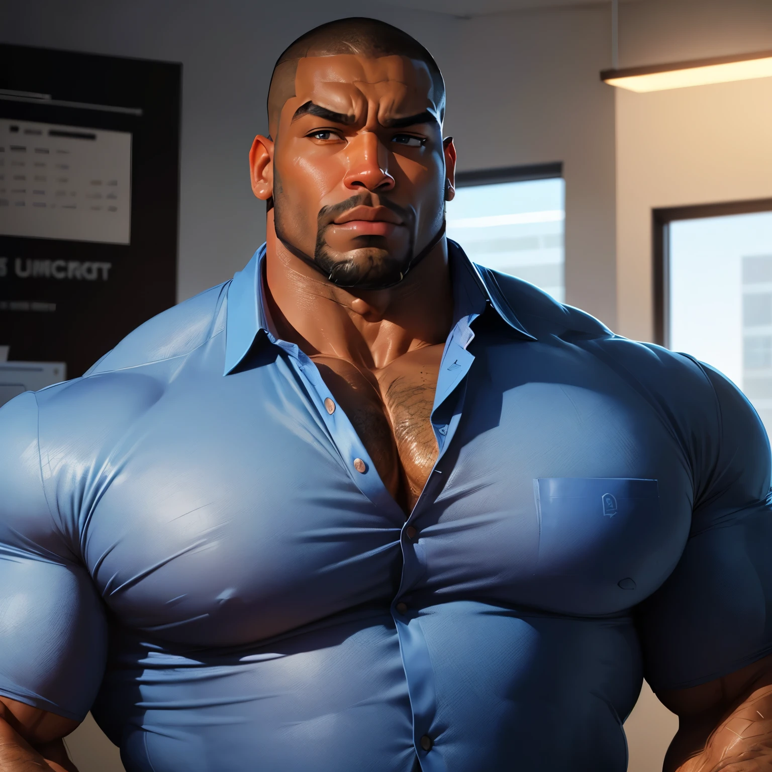 an exaggeratedly muscular and large bodyguard, beefy build, beard, dark-skinned african american male, buzzcut hair with square line, (confused expression: 1.2), (wearing blue business shirt: 1.2), (bara pecs: 1.3), beefy pecs, (arm and chest hair: 1.2), portrait HD, (fluorescent office building)