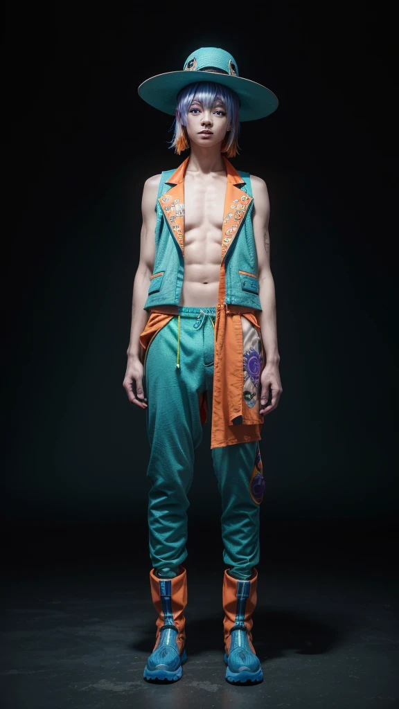 An orange-skinned, blue-haired Alien with a beachy hat, with a blue, green, red and purple beachy floral textured vest, with blue and purple futuristic pants and boots with orange beach details, full black background, highly detailed, full body view