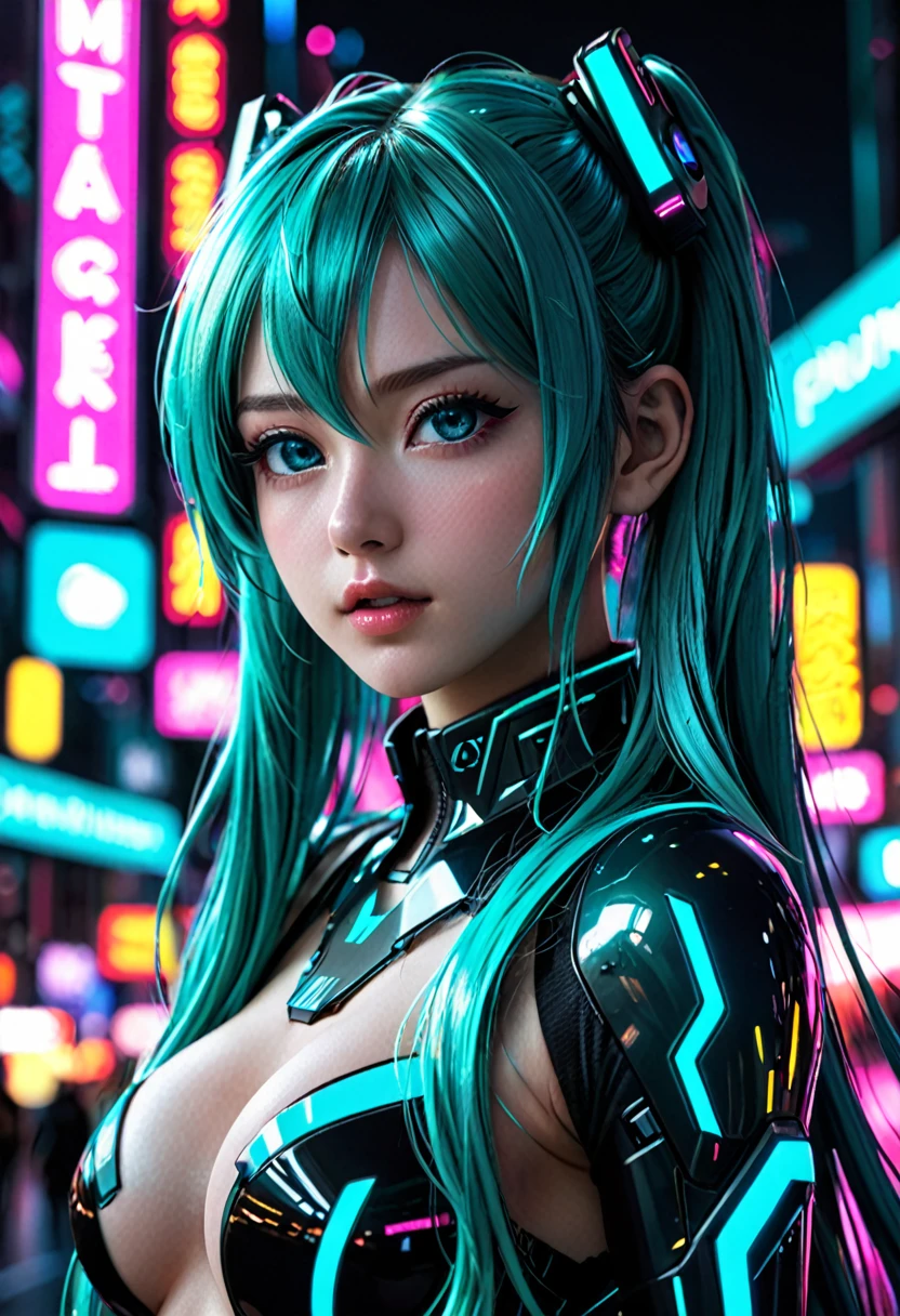 1girl, hatsune miku, black tape project, dutch angle, detailed hair, detailed facial features, detailed eyes, detailed lips, intricate hairstyle, long flowing hair, cyberpunk, neon lights, glowing neon, dark futuristic city, moody lighting, cinematic composition, dynamic camera angle, high contrast, vivid colors, (best quality,4k,8k,highres,masterpiece:1.2),ultra-detailed,(realistic,photorealistic,photo-realistic:1.37) , NSFW.