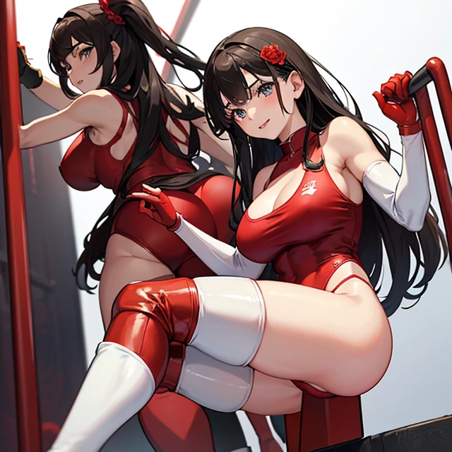 (masterpiece image, very detailed image, best high quality high definition image), solo character, female wrestling
High very detailed Quality image, back view
1girl, 28 years old latina girl, dark brown skin, blue grey eyes, smiling, carefree demeanor, absolute feminine beauty, long dark brown hair tied on braid, pink flower at left side of the hair, thin pale mouth lips, big breasts, beautiful arms, beautiful legs, (Red one-piece Leotard with a white stripe on the hips, red wrestling boots, white knee pads, white elbows pads and red sleeves with red gloves)
Dirty gym and wrestling gym