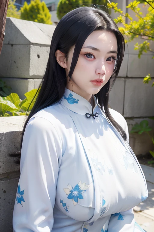 (White Printed Cheongsam),1 girl, (arms behind back:1.1),(Realistic:1.7),((Best Quality)),absurderes,(超A high resolution),(Photorealistic:1.6),Photorealistic,Octane Render,(hyper realisitic:1.2), (Photorealistic face:1.2), (8K), (4K), (masutepiece),(Realistic skin texture), (Illustration, Cinematic lighting,Wallpaper),( Big eyes:1.2),((((Perfect face)))),(cuanding),(Black hair), (Outdoors),(voluptuous breasts:1.2)