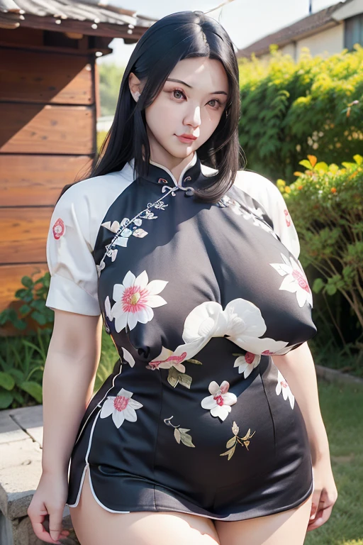(White Printed Cheongsam),1 girl, (arms behind back:1.1),(Realistic:1.7),((Best Quality)),absurderes,(超A high resolution),(Photorealistic:1.6),Photorealistic,Octane Render,(hyper realisitic:1.2), (Photorealistic face:1.2), (8K), (4K), (masutepiece),(Realistic skin texture), (Illustration, Cinematic lighting,Wallpaper),( Big eyes:1.2),((((Perfect face)))),(cuanding),(Black hair), (Outdoors),(voluptuous breasts:1.2)