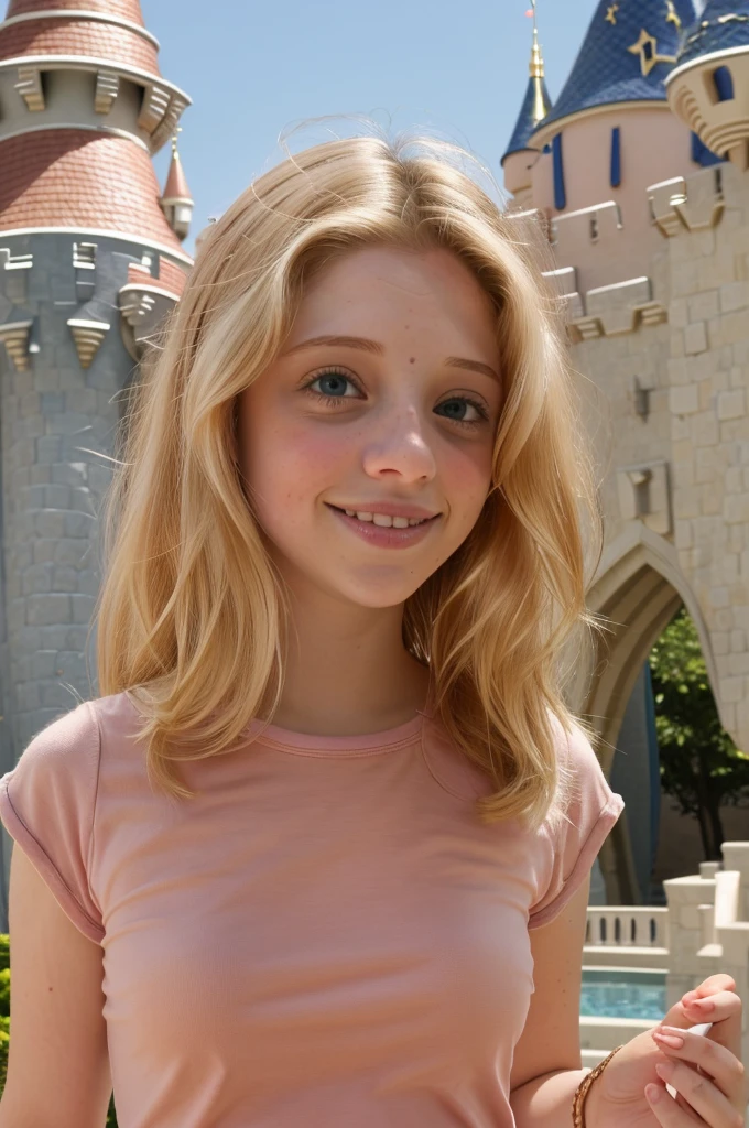 full_body, standing, sandals, (shirt), pants, (disney castle), (amyamyamy: 1.2), perfect face, (contact iris: 1.1), pale skin, skin pores , depth of field