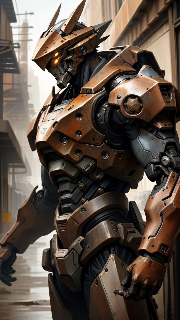 Portrait photo of an alpha male, perfect eyes, in a worn mecha suit, intricate, (steel metal [rust]), elegant, sharp focus, photo by greg rutkowski, soft lighting, vibrant colors, masterpiece, ((streets)), cowboy shot, dynamic pose, 