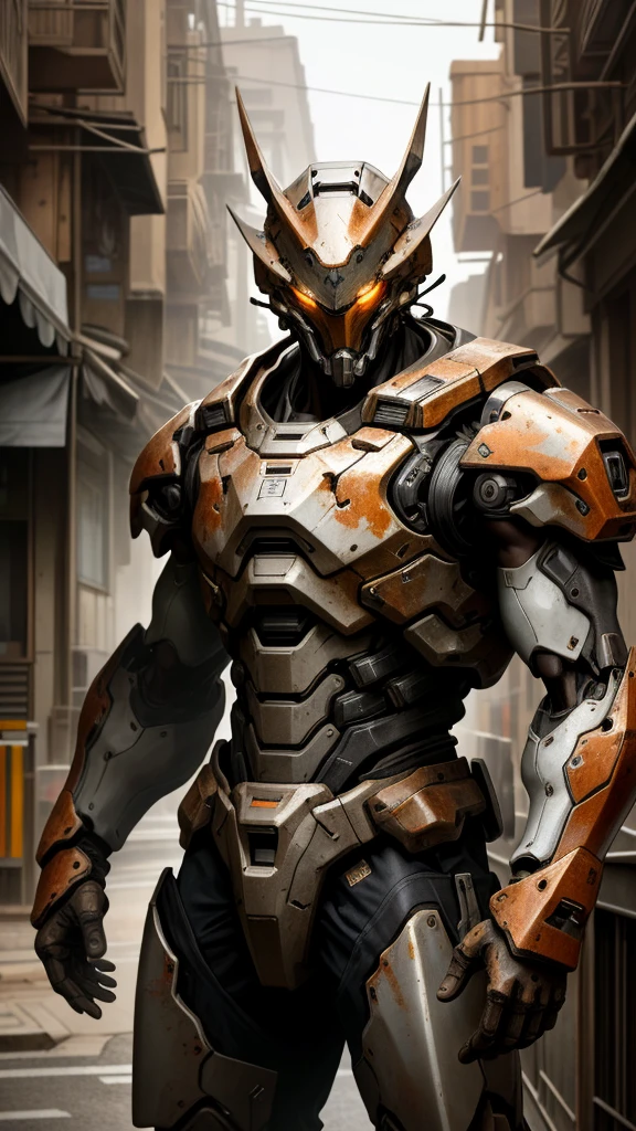 Portrait photo of an alpha male, perfect eyes, in a worn mecha suit, intricate, (steel metal [rust]), elegant, sharp focus, photo by greg rutkowski, soft lighting, vibrant colors, masterpiece, ((streets)), cowboy shot, dynamic pose, 