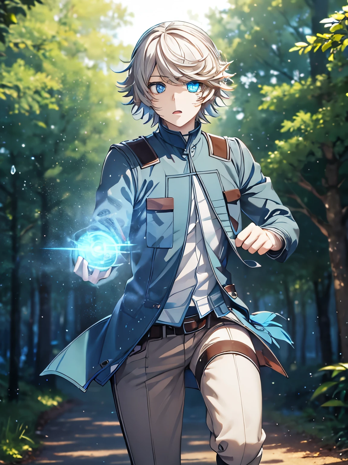 masterpiece, best quality, , 1boy, solo, male focus, looking at viewer, , depth of field, white hair, blue eyes,Running in the forest, night, close up photo, panic expression