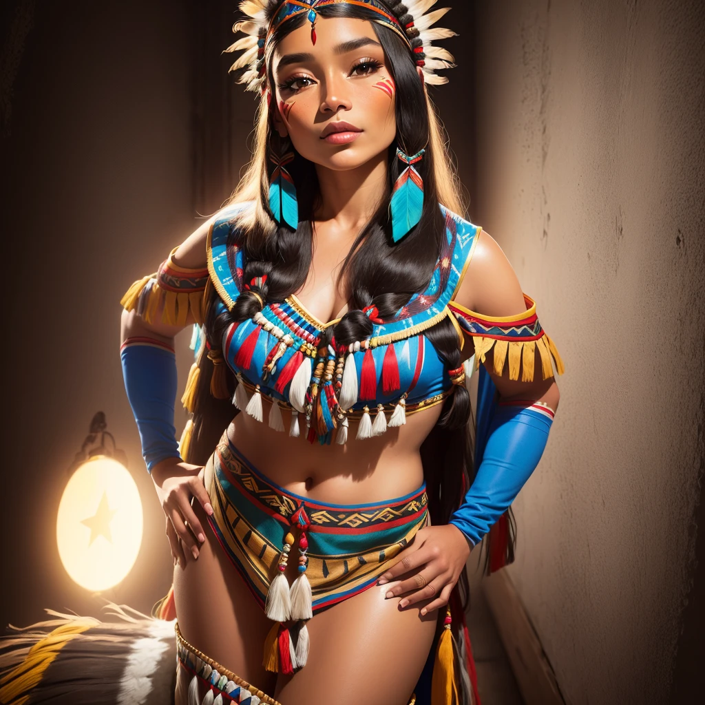 araffe woman dressed in native dress posing for a photo, Pocahontas, authentic costume, in custom, portrait of a young Pocahontas, custom, costume with blue details, high quality costume, portrait of Pocahontas, native american, Indian, full costume, full body with costume, vestindo authentic costume, cute outfit