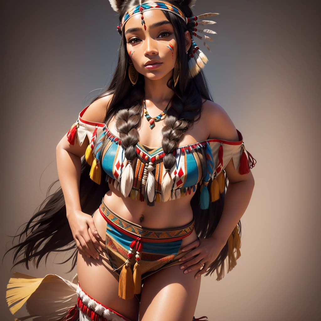 araffe woman dressed in native dress posing for a photo, Pocahontas, authentic costume, in custom, portrait of a young Pocahontas, custom, costume with blue details, high quality costume, portrait of Pocahontas, native american, Indian, full costume, full body with costume, vestindo authentic costume, cute outfit