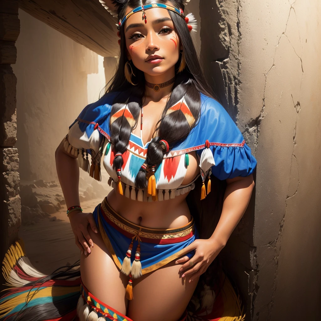 araffe woman dressed in native dress posing for a photo, Pocahontas, authentic costume, in custom, portrait of a young Pocahontas, custom, costume with blue details, high quality costume, portrait of Pocahontas, native american, Indian, full costume, full body with costume, vestindo authentic costume, cute outfit