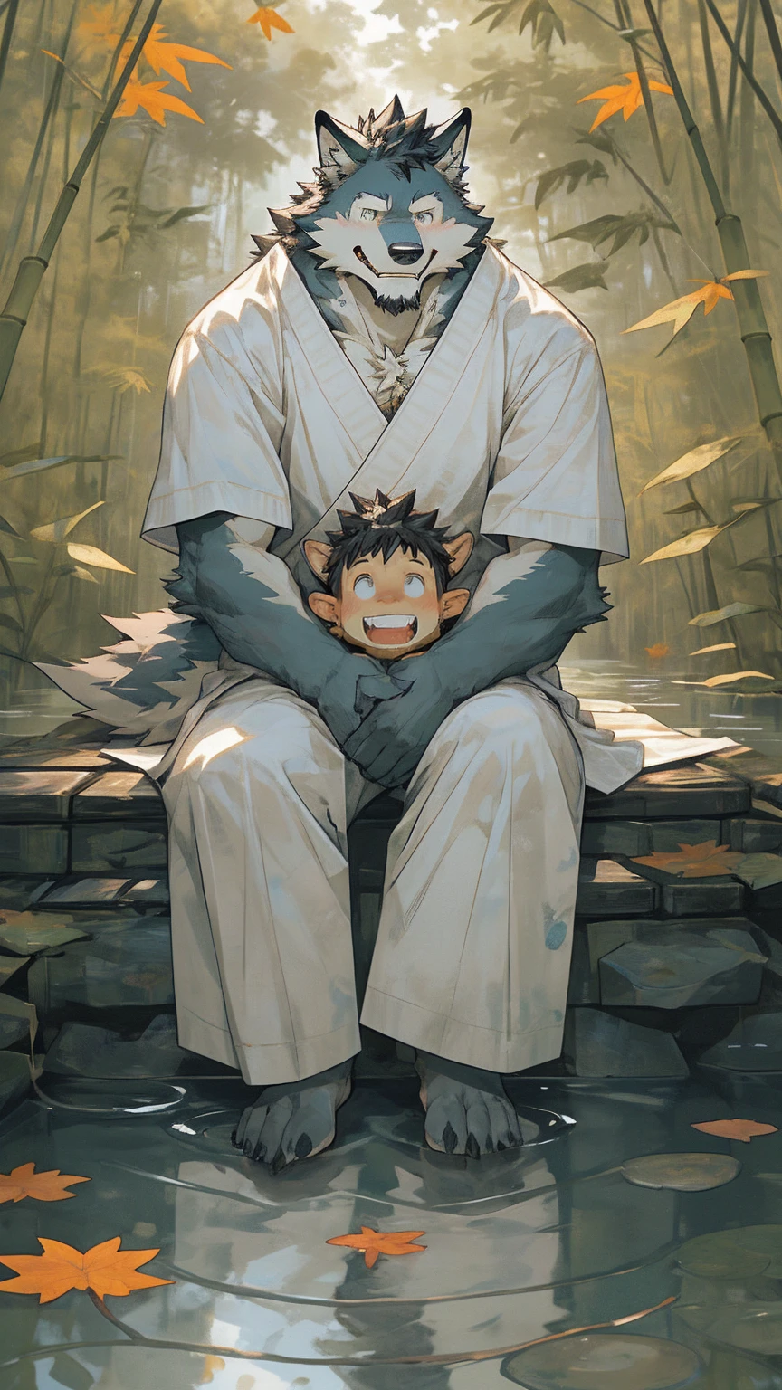 Young Wolf Orc,Thin，Wearing whites to bed，Sit on a bamboo mat。Born into a scholarly family。He is tall and straight,With a pair of eyes as clear as autumn water。There is always a faint smile on the corner of my mouth,Revealing a bit of gentleness。"