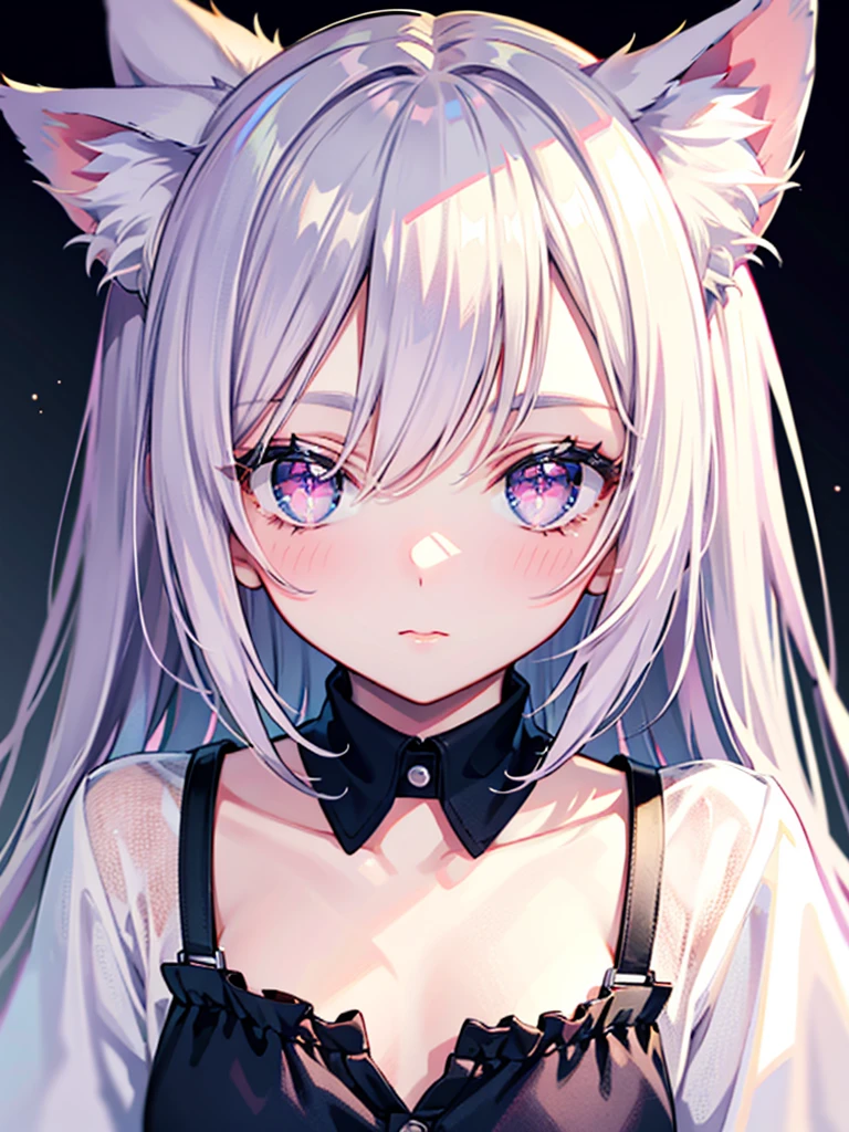 Highly detailed face,fine grain,Sparkling eyes,Highlighted eyes,Medium chest,pretty girl, Longing eyes,Cat ear, Close-up of face,Beautiful silver hair,Pink inside,Beautiful pink eyes,Oversized shirt,skirt