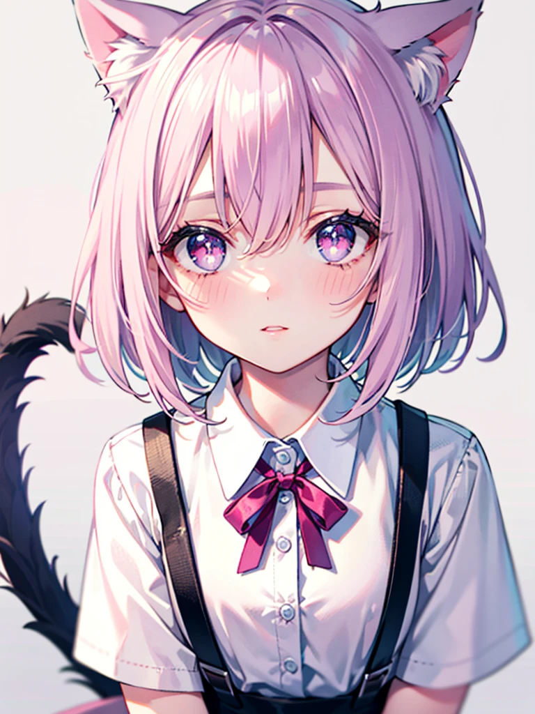 Highly detailed face,fine grain,Sparkling eyes,Highlighted eyes,Medium chest,pretty girl, Longing eyes,Cat ear, Close-up of face,Beautiful silver hair,Pink inside,Beautiful pink eyes,Oversized shirt,skirt
