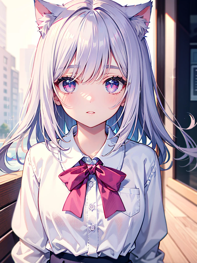 Highly detailed face,fine grain,Sparkling eyes,Highlighted eyes,Medium chest,pretty girl, Longing eyes,Cat ear, Close-up of face,Beautiful silver hair,Pink inside,Beautiful pink eyes,Oversized shirt,skirt
