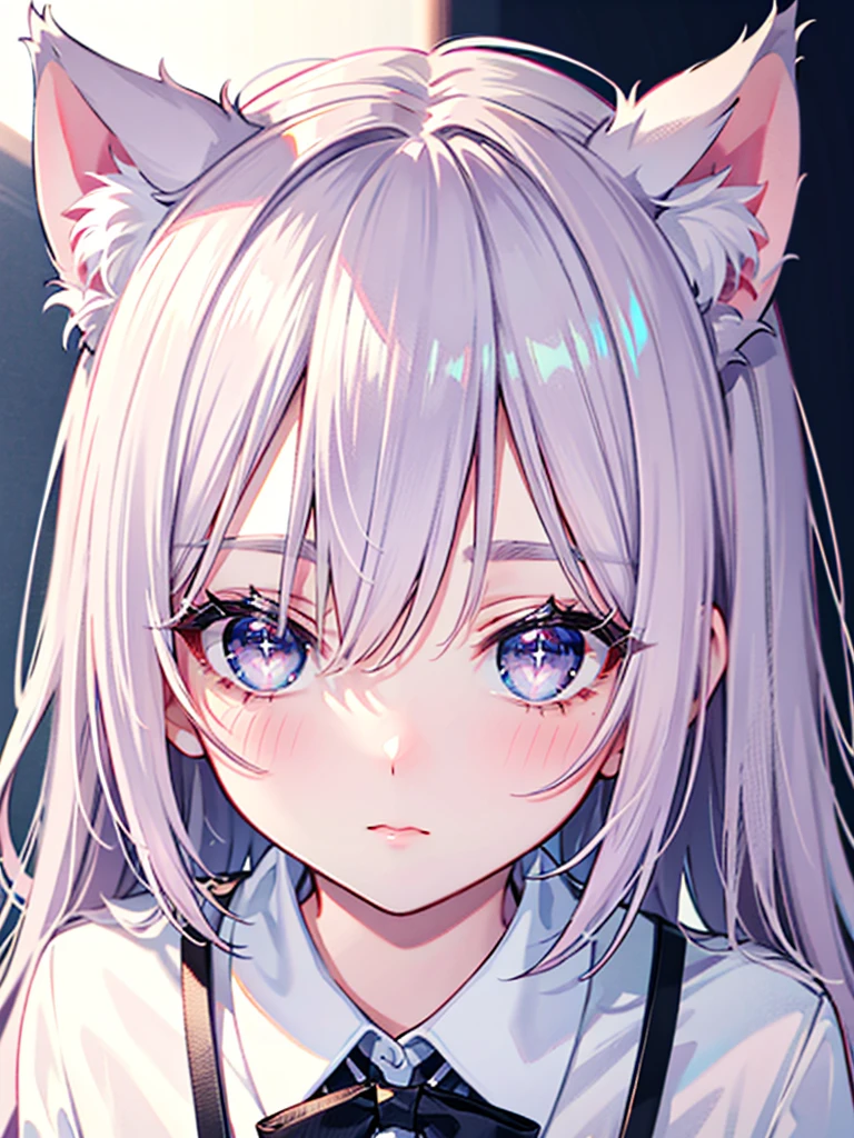 Highly detailed face,fine grain,Sparkling eyes,Highlighted eyes,Medium chest,pretty girl, Longing eyes,Cat ear, Close-up of face,Beautiful silver hair,Pink inside,Beautiful pink eyes,Oversized shirt,skirt