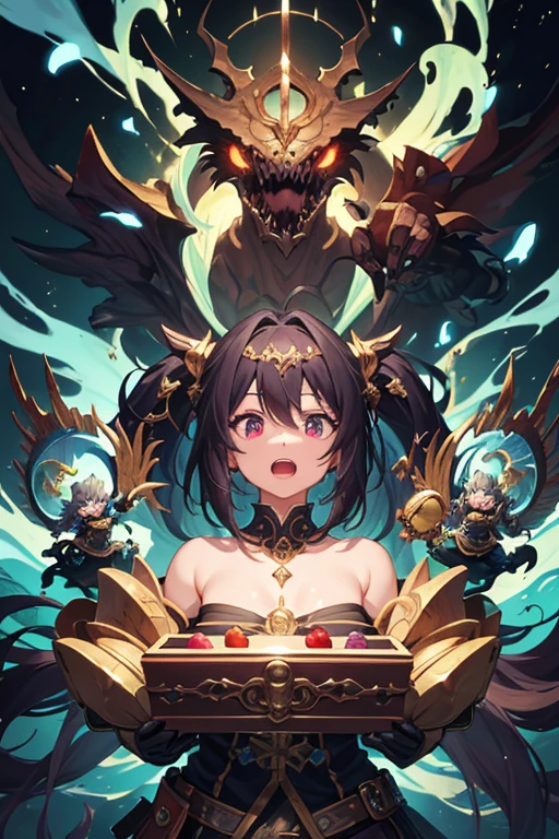 masterpiece, Highest quality, Very detailed, unity 8k wallpaper、((mimic))、Treasure Box Monster、Fantasyの甲冑,((Toothy Treasure Chest))、Monster Treasure Chest、((mimic))、mimicに襲われる、Dynamic composition、,Surprised face,Fantasy,whole body、Pull composition、
