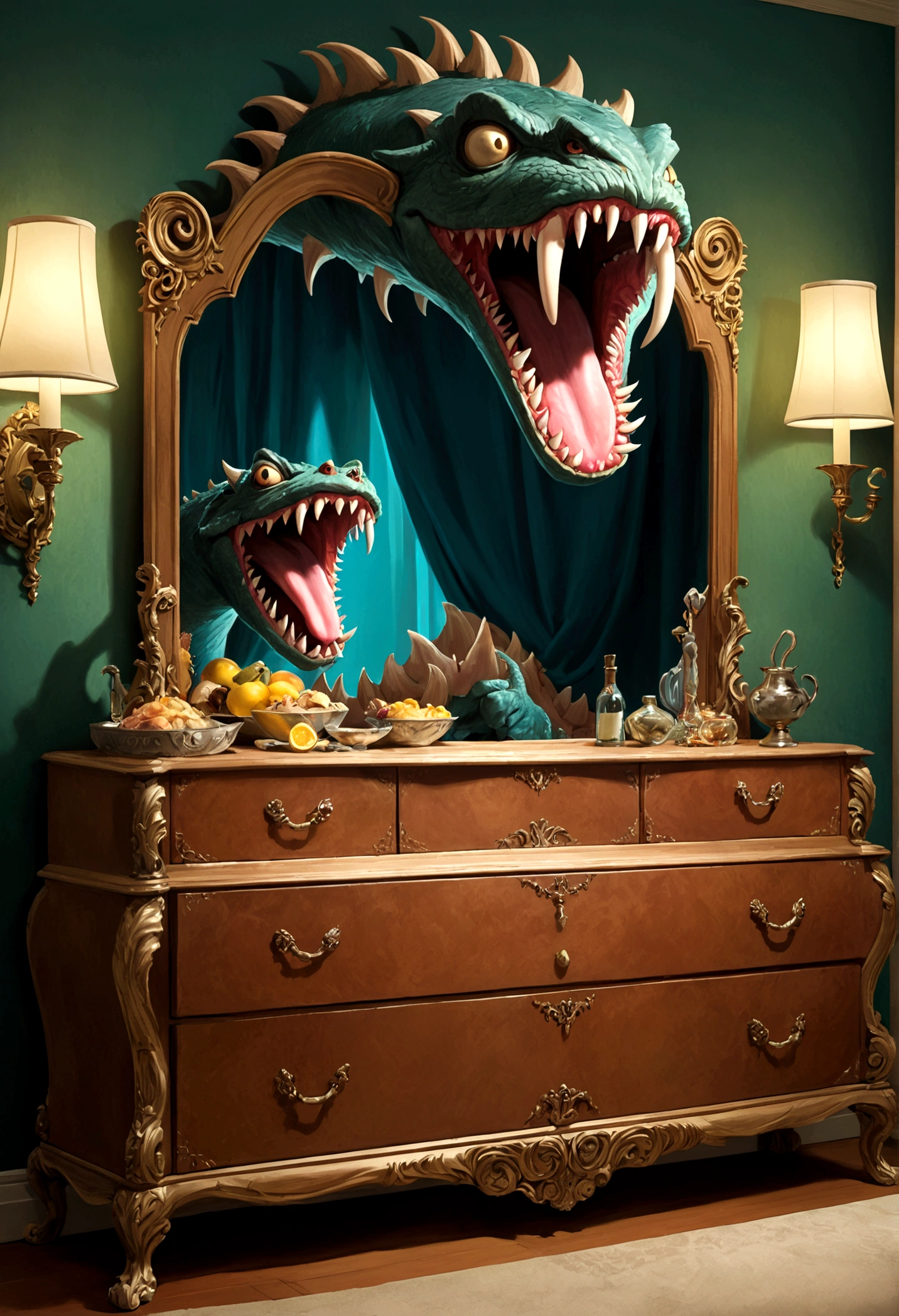 A mimic is impersonating a dresser with a mirror, dresser has some monstrous features and is licking its giant maw anticipating a meal, fantasy bedroom
