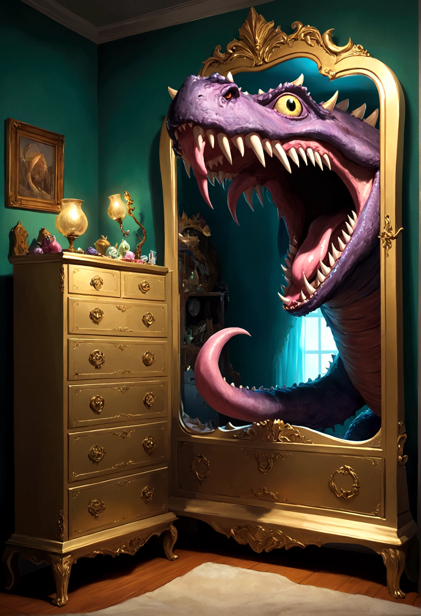 A mimic is impersonating a dresser with a mirror, dresser has some monstrous features and is licking its giant maw anticipating a meal, fantasy bedroom