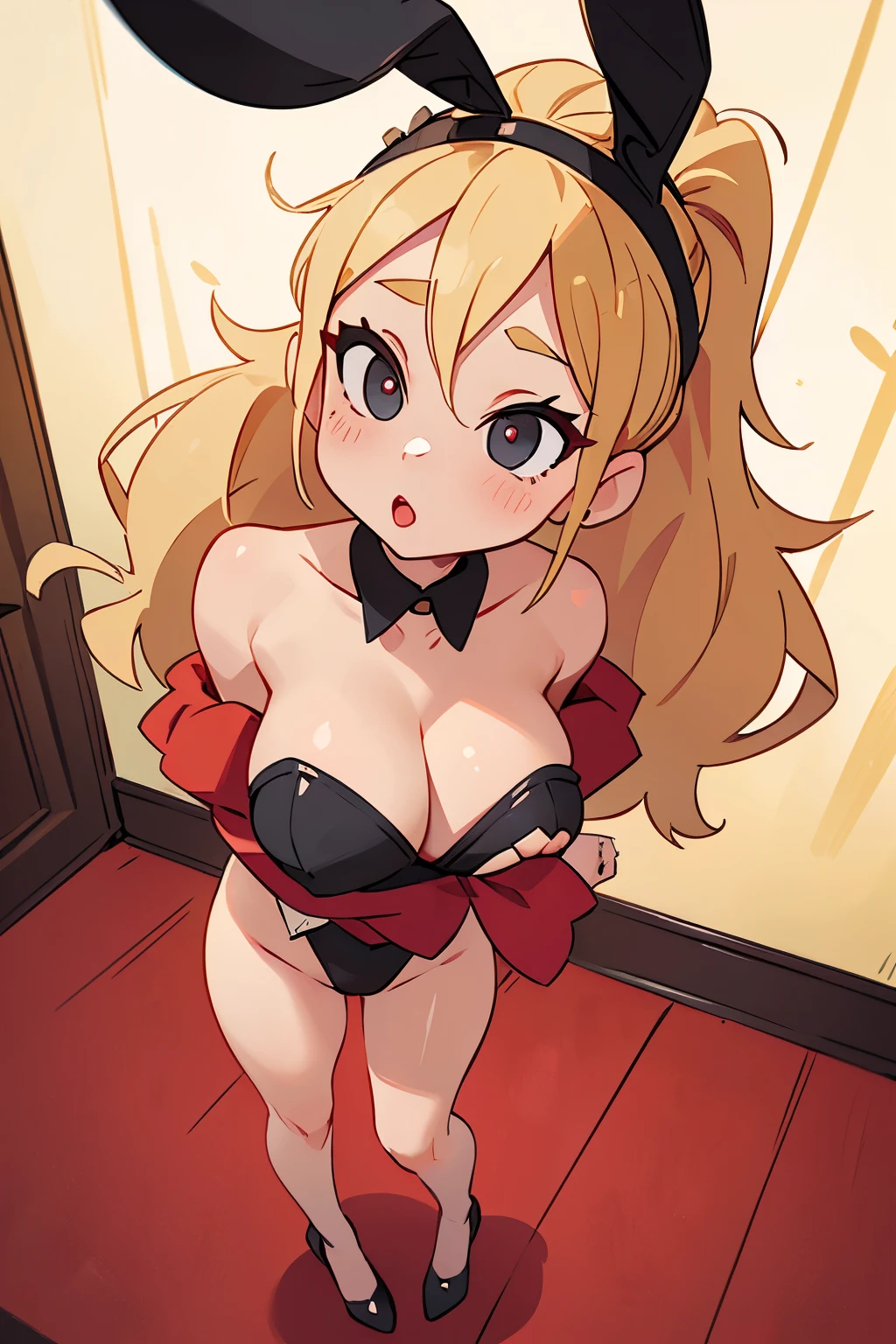 Cool beauty，Looks sweet，blonde ponytail hairstyle, (wearing black bunny girl suit, bunny headband, off-shoulders, show cleavage), red lipstick, show big thigh, huge breast, full body photo,  pose, standing in front of the viewers, in a vintage karaoke room