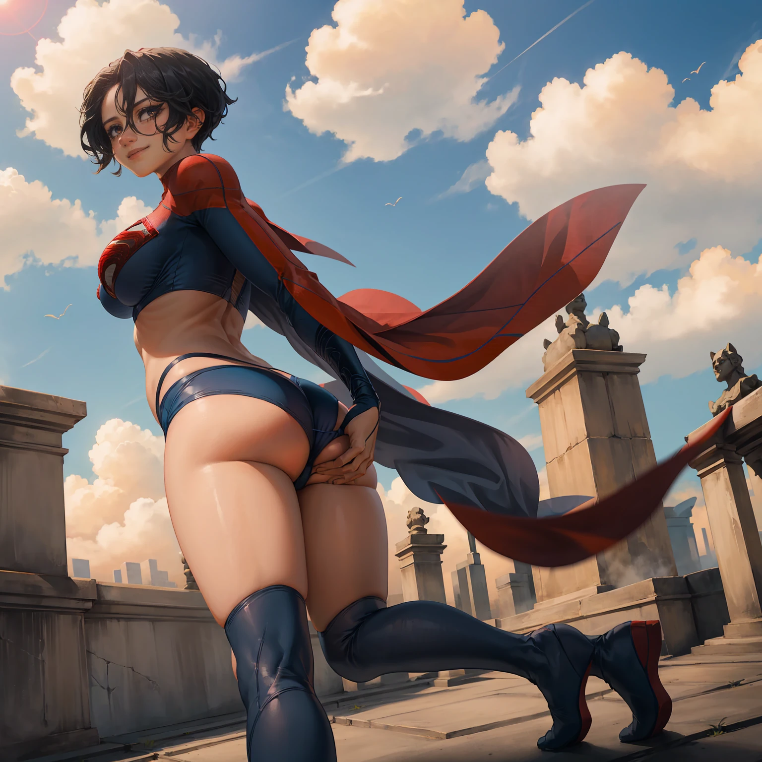 sasha calle, ((short black hair, glowing black eyes, makeup, narrow waist, skinny, medium breasts, red cape)), pelvic curtain, ((blue , red )), full body, perfect body, (insanely detailed, beautiful detailed face, masterpiece, best quality) , (((solo))), (((1girl))), (((mature))), (extremely detailed 8k paper CG wall unit: 1.1), (metropolis, rooftop, clouds, sunnyday), (smile face for the viewer), ass, underbutt, behind, from back