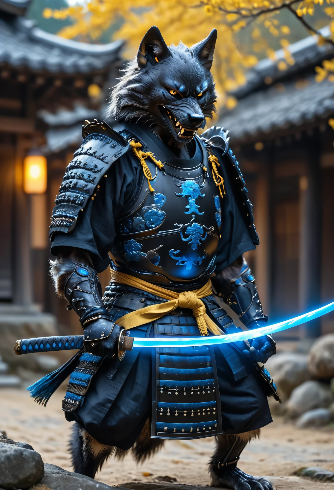 action photo, realistic digital photo, Angry anthropomorphic black wolf samurai pulls out a glowing magic katana from the sheath, black with green wooden armor, Samurai Pearls, brown daemon samurai mask, standing in an ancient Japanese village, ultra HD, 8K, insane details, 