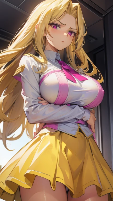 (high detailed) 18 yo's girl, voluminous hairstyle, yellowish white hair, pink eyes, busty, gorgeous body, yellow Elizabeth's clothes, yellow Elizabeth's skirt, upset face, hands in waist