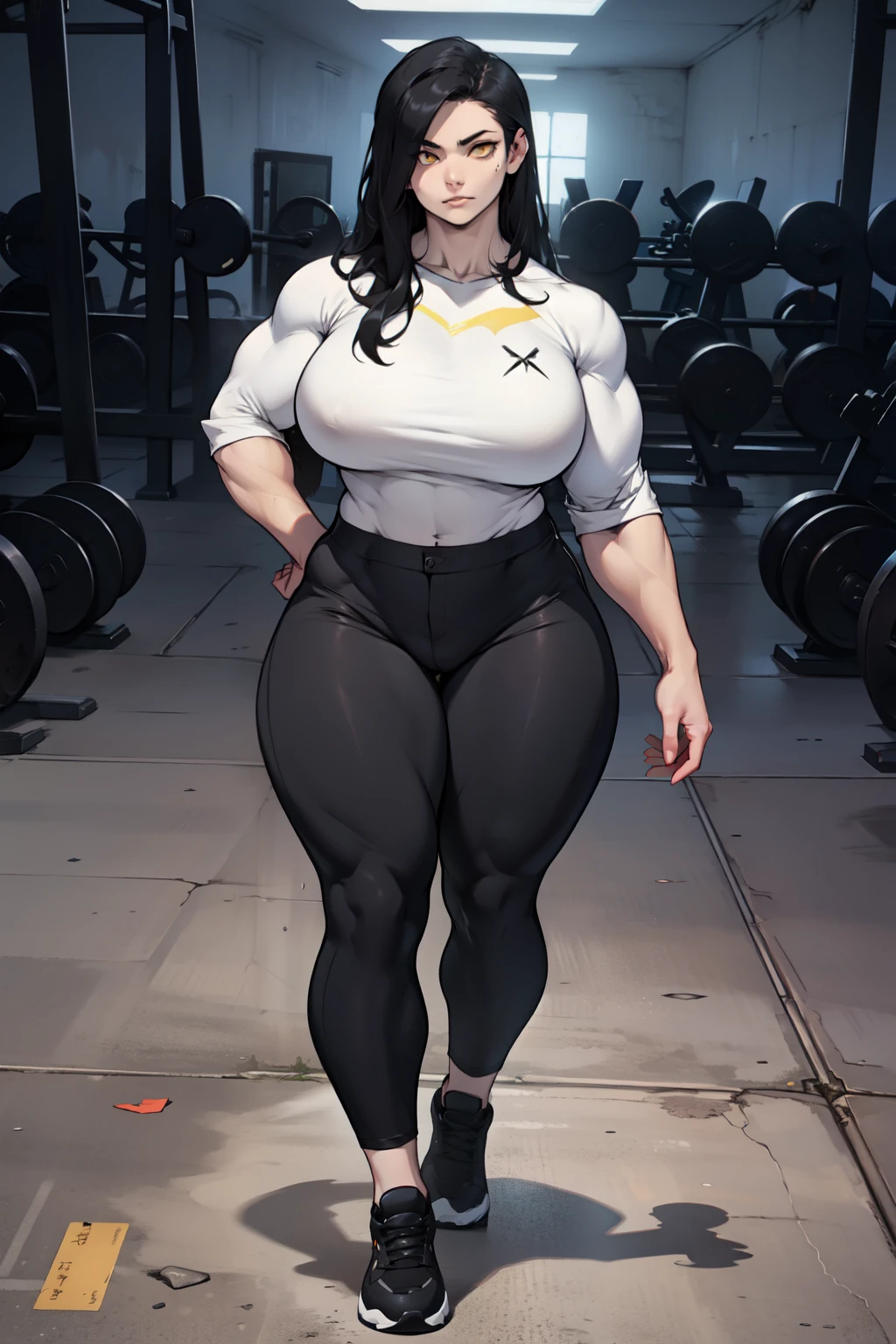 pale skin 1girl muscular girl toned body huge breasts thick thighs black hair yellow eyes bodybuilder (tight shirt and pants full body long hair)