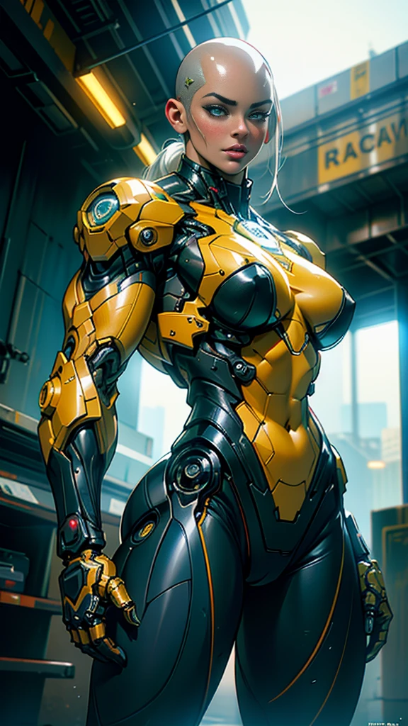 Cinematic, hyper-detailed, and insanely detailed, this artwork captures the essence of a bald hairless muscular female android girl. Beautiful color grading, enhancing the overall cinematic feel. Unreal Engine brings her anatomic cybernetic muscle suit to life, appearing even more mesmerizing. With the use of depth of field (DOF), every detail is focused and accentuated, drawing attention to her eyes and the intricate design of the anatomic cybernetic muscle suit . The image resolution is at its peak, utilizing super-resolution technology to ensure every pixel is perfect. Cinematic lighting enhances her aura, while anti-aliasing techniques like FXAA and TXAA keep the edges smooth and clean. Adding realism to the anatomic cybernetic muscle suit, RTX technology enables ray tracing. Additionally, SSAO (Screen Space Ambient Occlusion) gives depth and realism to the scene, the girl's anatomic cybernetic muscle suit become even more convincing. In the post-processing and post-production stages, tone mapping enhances the colors, creating a captivating visual experience. The integration of CGI (Computer-Generated Imagery) and VFX (Visual Effect brings out the anatomic cybernetic muscle suit's intricate features in a seamless manner. SFX (Sound Effects) complement the visual artistry, immersing the viewer further into this fantastic world. The level of detail is awe-inspiring, with intricate elements meticulously crafted, the artwork hyper maximalist and hyper-realistic. Volumetric effects add depth and dimension, and the photorealism is unparalleled. The image is rendered in 8K resolution, ensuring super-detailed visuals. The volumetric lightning adds a touch of magic, highlighting her beauty and the aura of her anatomic cybernetic muscle suit in an otherworldly way. High Dynamic Range (HDR) technology makes the colors pop, adding richness to the overall composition. Ultimately, this artwork presents an unreal portrayal of a super muscled cybernetic female android
