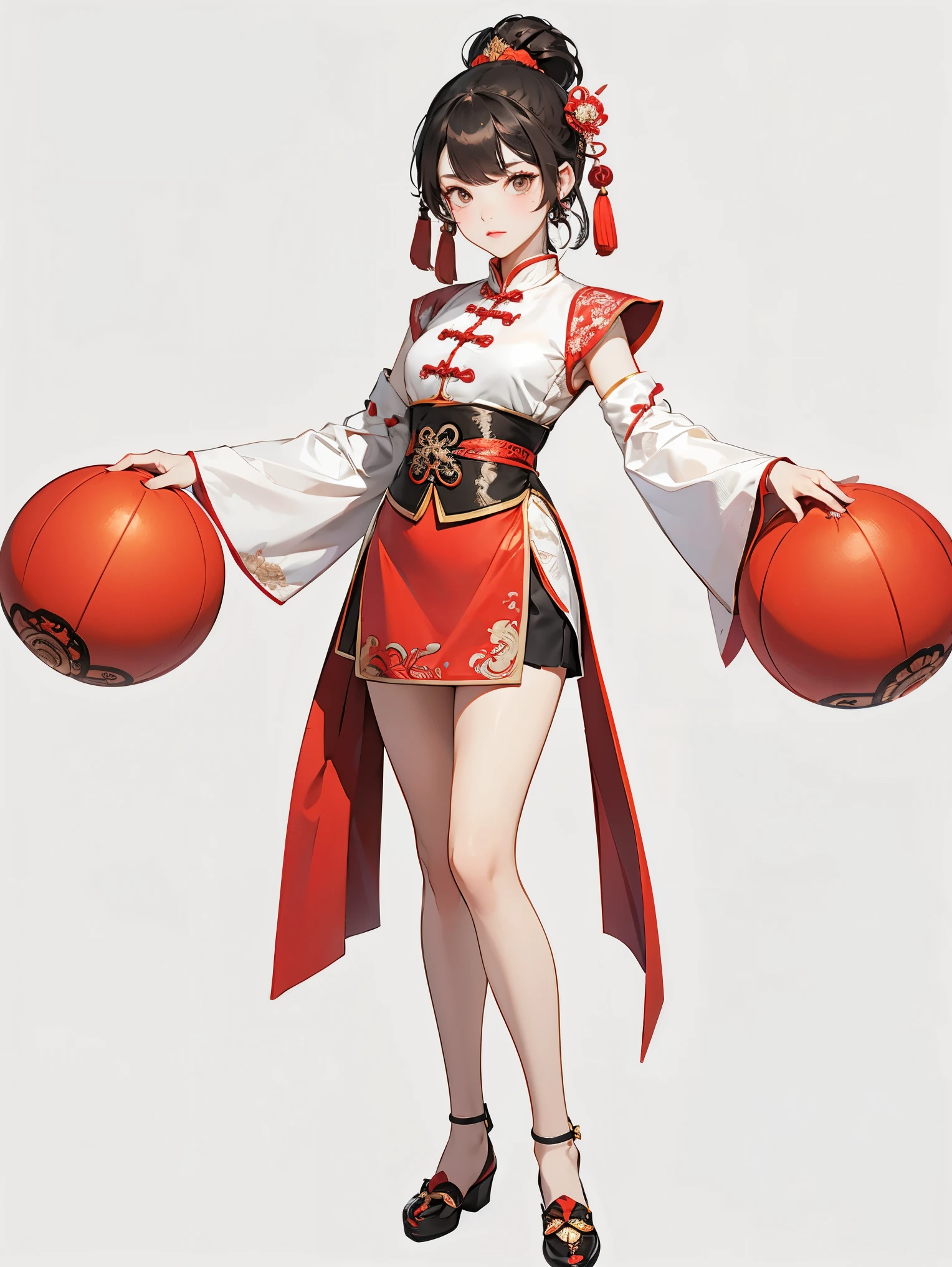 Costume,Chinese Tang Dynasty women,Short skirt,Standing,Show your arms,Show your thighs,Embroidered shoes,Ball head hairstyle,whole body,Blank Background
