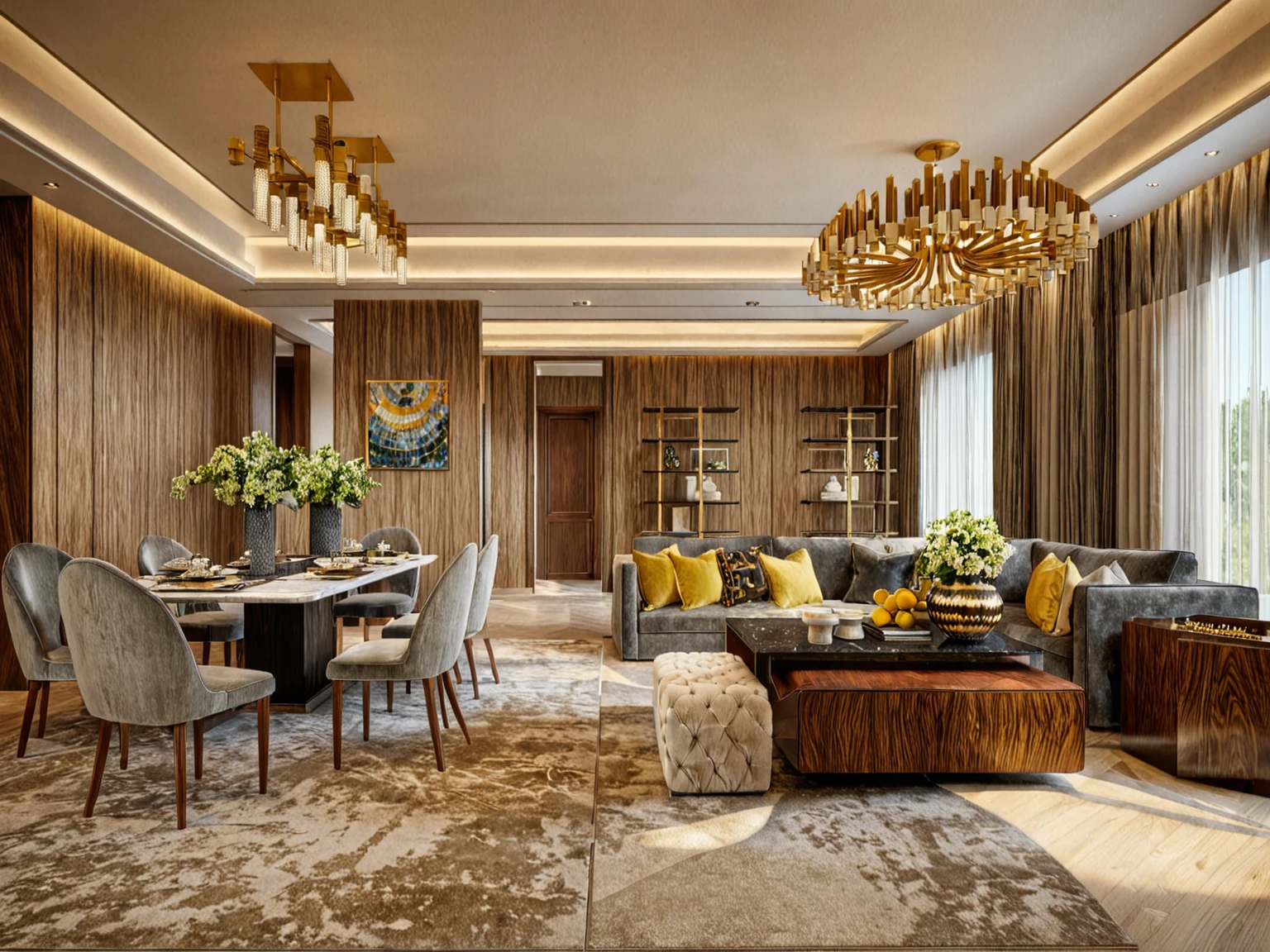 Masterpieces, high quality, a living room with a dining table and chairs, interior design, luxury, detailed rendering, insanely detailed,