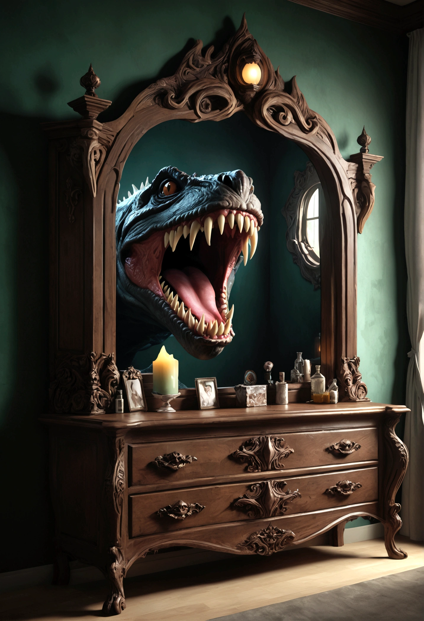 A mimic disguised as a dresser with mirror, monstrous features, licking giant maw, anticipating a meal, fantasy bedroom, (best quality,8k,highres,masterpiece:1.2),ultra-detailed,(realistic,photorealistic,photo-realistic:1.37),fantasy,horror,surreal,cinematic lighting,dark moody colors,dramatic shadows,intricate details,ornate dresser,distorted proportions,unsettling atmosphere,eerie presence,dreamlike,visceral,unnerving