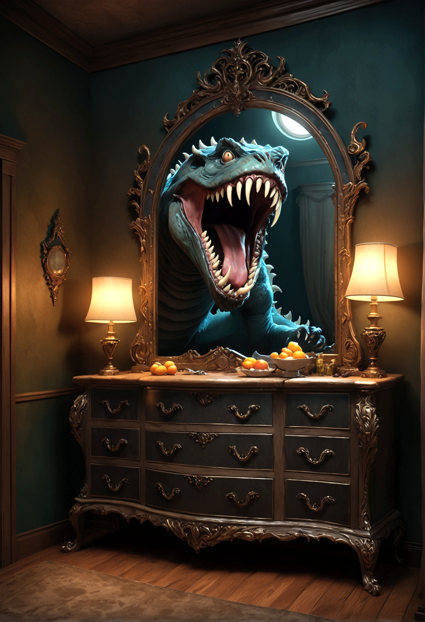 A mimic disguised as a dresser with mirror, monstrous features, licking giant maw, anticipating a meal, fantasy bedroom, (best quality,8k,highres,masterpiece:1.2),ultra-detailed,(realistic,photorealistic,photo-realistic:1.37),fantasy,horror,surreal,cinematic lighting,dark moody colors,dramatic shadows,intricate details,ornate dresser,distorted proportions,unsettling atmosphere,eerie presence,dreamlike,visceral,unnerving