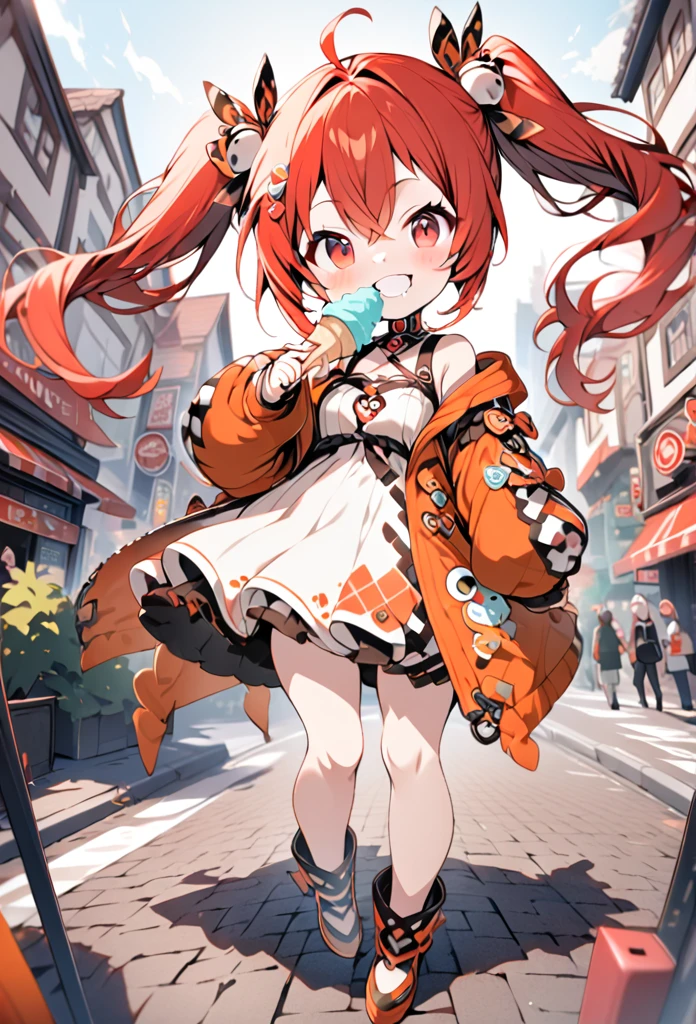 High quality, high definition, hig
h precision images,8k 1 Girl Robot Girl、red hair,Twin tails,Red eyes、Scenery around town, cute red and white cloth, eating ice cream deliciously.Ice cream is stuck around the mouth、Full body view,smile、looking at the camera