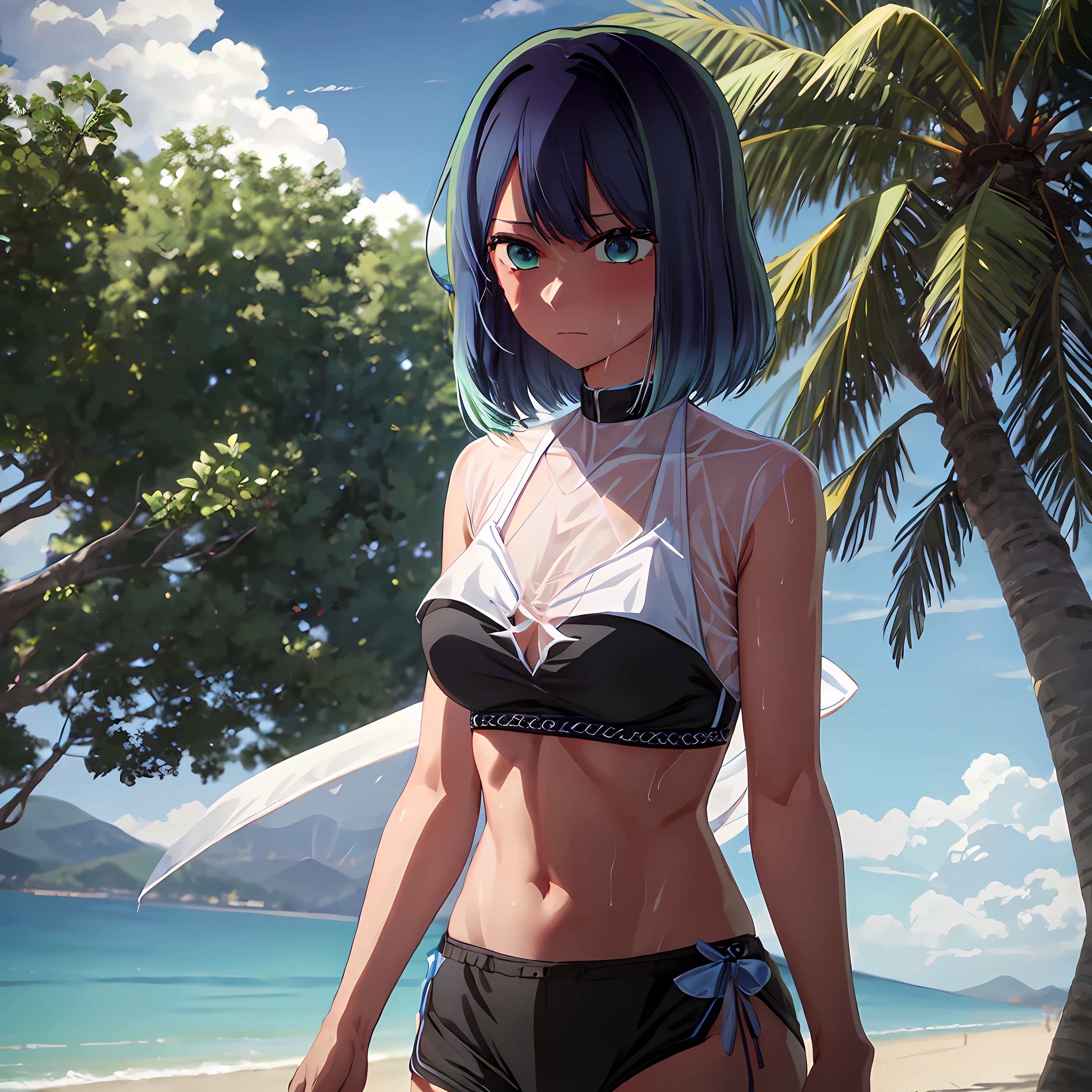 tall body, tall, long legs, mature woman, mature, adult, eft_oshi_akane, alone, 1 girl, blue hair, looking at viewer, medium hair, bikini, bangs, closed mouth, green eyes, multi-colored hair, short hair, hand top, sweat, bleached hair, blue eyes, on the beach, beach, more details XL