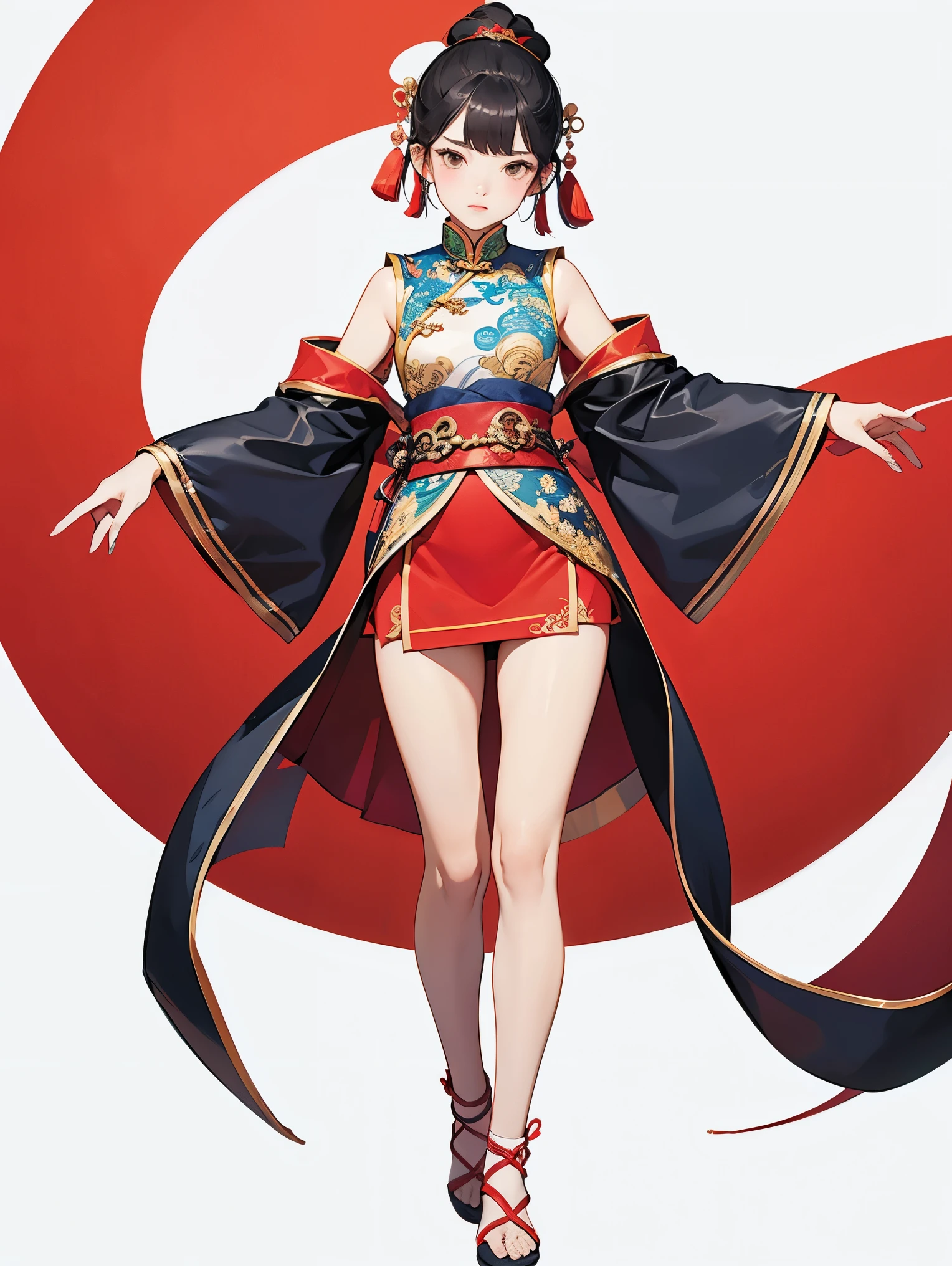 Costume,Chinese Tang Dynasty women,Short skirt,Standing,Show your shoulders,Show your arms,Show your thighs,Embroidered shoes,Ball head hairstyle,whole body,Blank Background