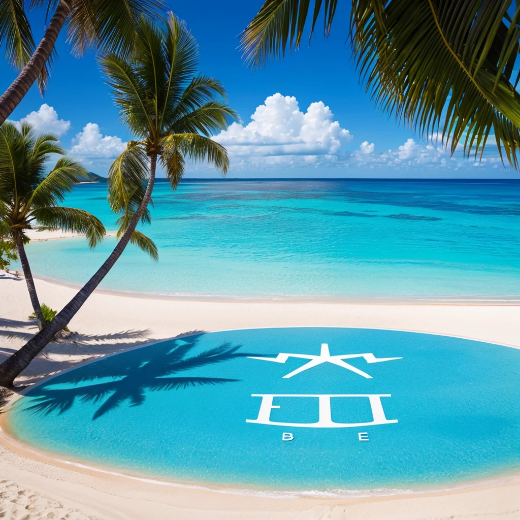Taylored Travel spelled out on the sky. travel agency logo. tropical island. clear blue water. visually appealing from a distance. hyper realistic