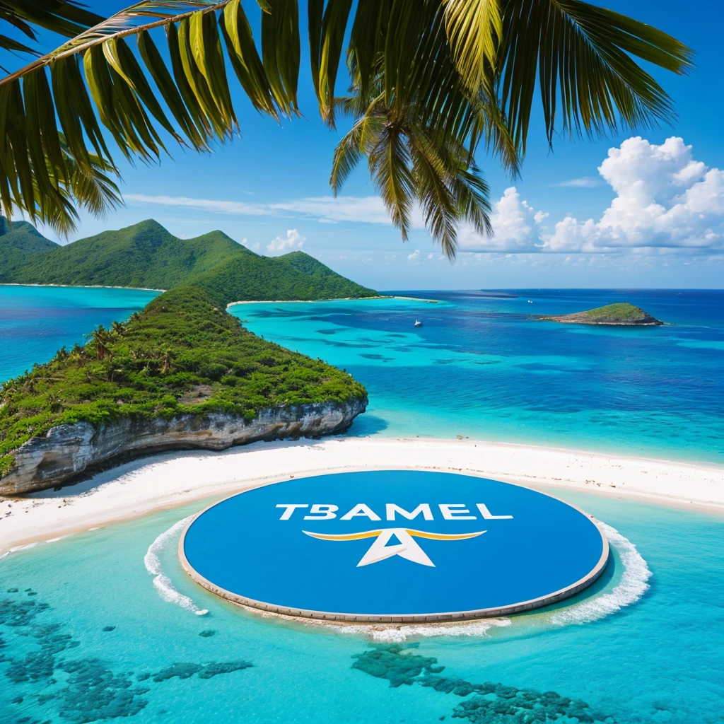 Taylored Travel spelled out on the sky. travel agency logo. tropical island. clear blue water. visually appealing from a distance. hyper realistic