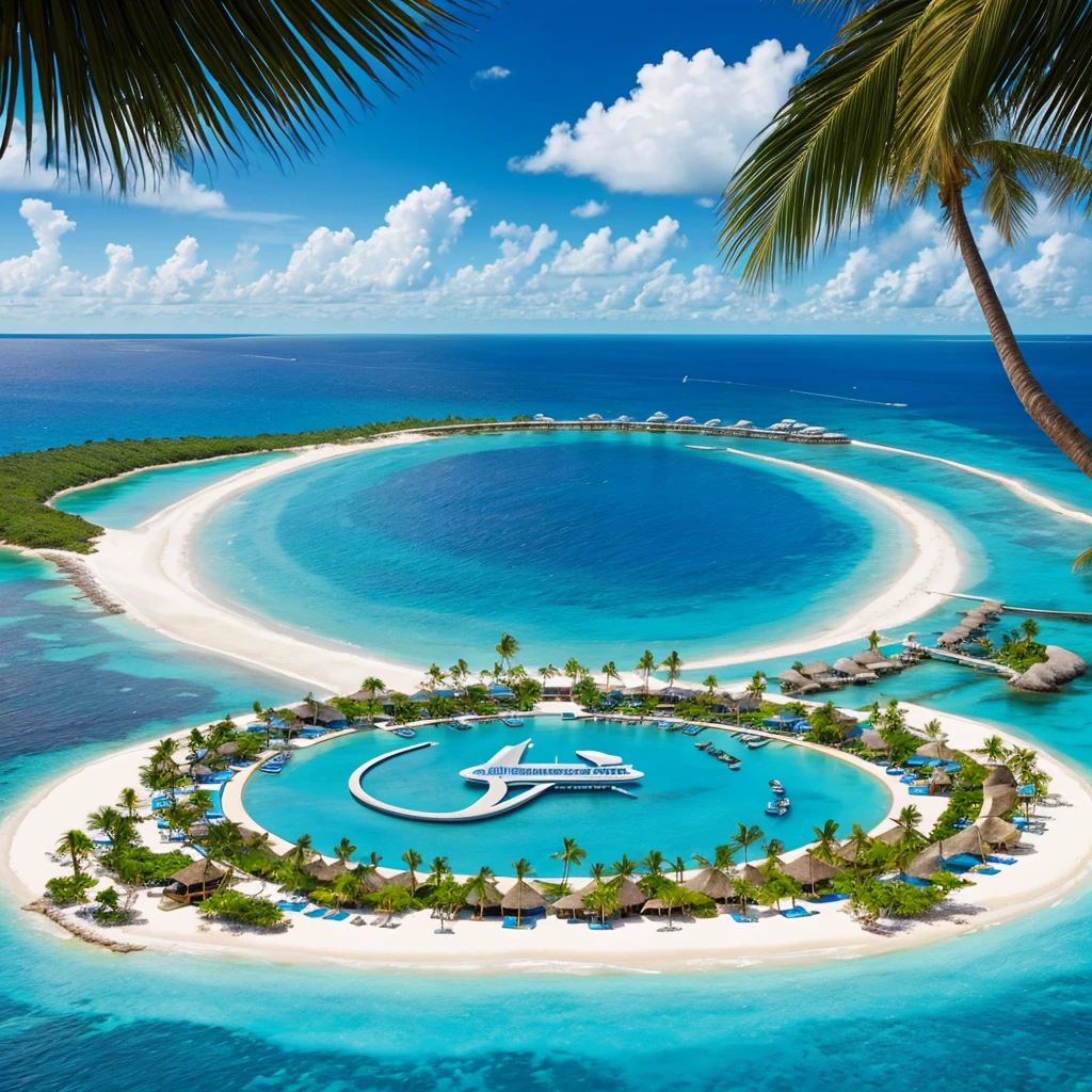 Taylored Travel spelled out on the sky. travel agency logo. tropical island. clear blue water. visually appealing from a distance. hyper realistic