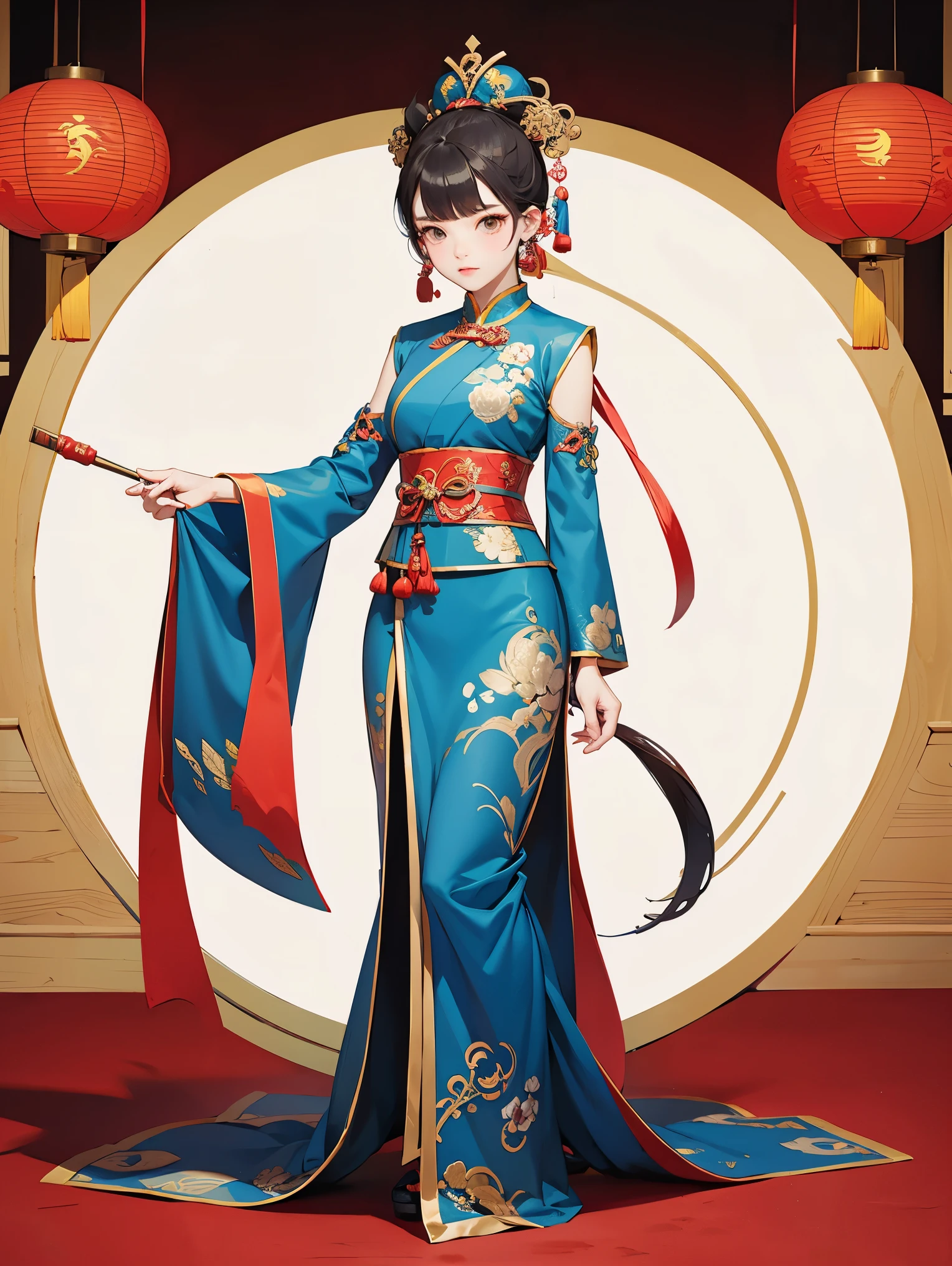 Costume，Chinese Tang Dynasty women，Standing，Show your neck，Show your thighs，Embroidered shoes，Ball head hairstyle，whole body，Blank Background