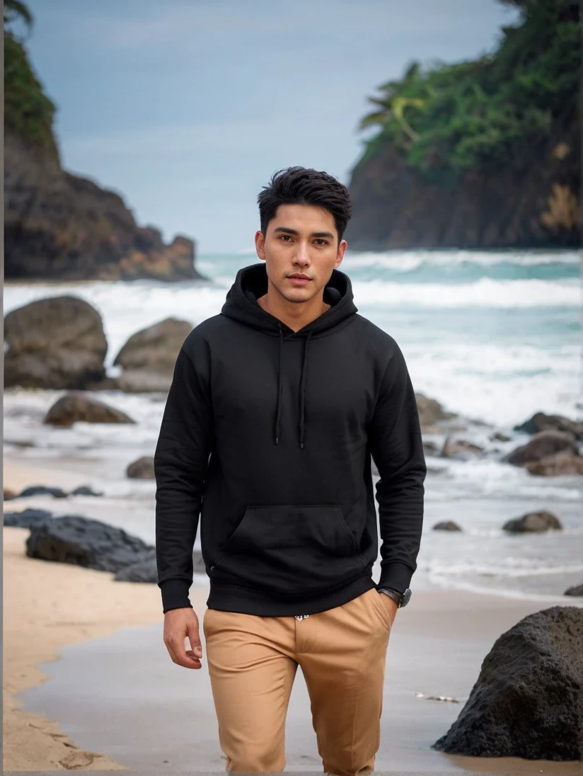 full body, a handsome man wearing a black hoodie is standing casually on the beach