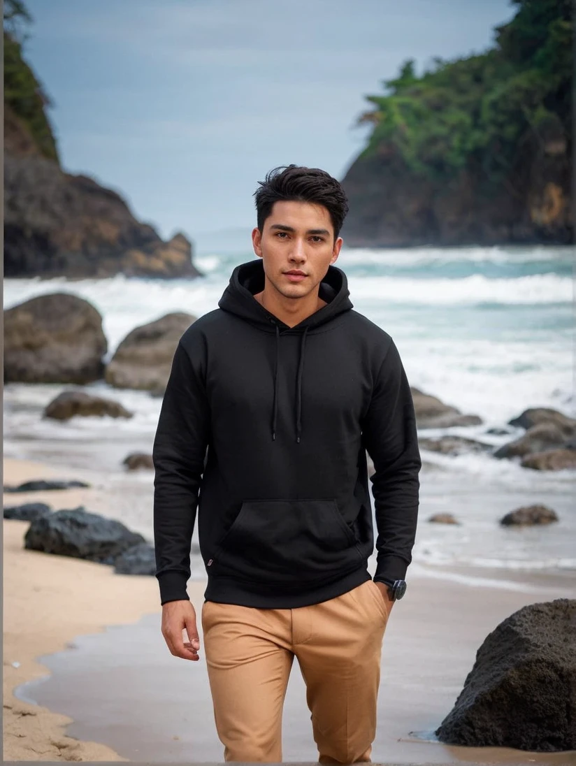 full body, a handsome man wearing a black hoodie is standing casually on the beach