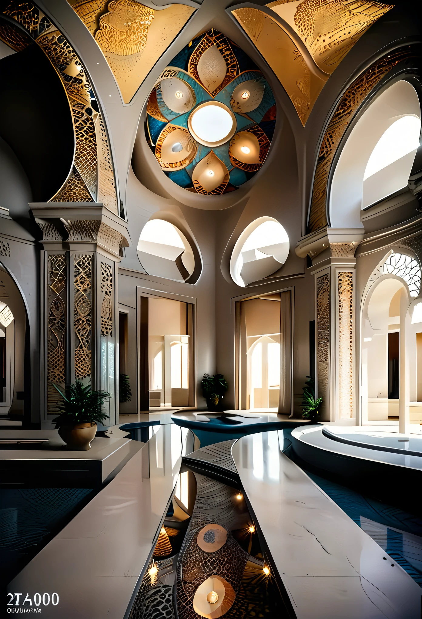 hyper-realistic photo of an architectural interior featuring stunning arabesque patterns. The interior should be richly decorated with intricate geometric and floral designs that cover the walls, ceilings, and floors. Use a combination of vibrant colors and gold accents to highlight the complexity and beauty of the patterns. Include elements such as grand arches, detailed mosaics, and ornate columns to enhance the grandeur of the space. Soft, ambient lighting should be used to illuminate the intricate details and create a warm, inviting atmosphere. The overall scene should be awe-inspiring, capturing the exquisite craftsmanship and beauty of arabesque architecture.