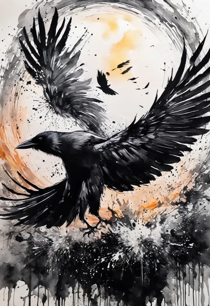 Ink painting,Black and white painting,Beautiful detailed painting,Draw a circle with a brush,(Crow from the circle splash:1.2),sunset,1 p,