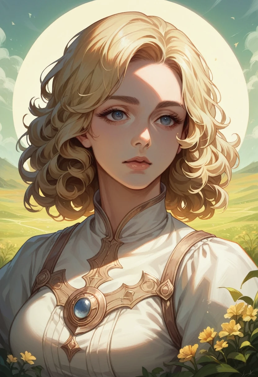 (masterpiece:1.2), (Highest quality:1.2), Perfect Eyes, Perfect Face, Perfect lighting, One girl, Mature woman in a field, Medium blonde hair, Curly Hair, Detailed clothing, Detailed outdoor background, compensate, eye shadow, Thick eyelashes, Fantasy, Looking at the audience, spring 
